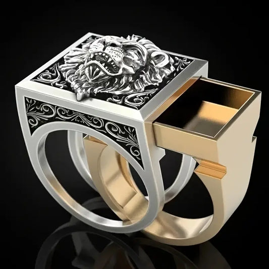 Lion Head Men's Fashion Ring Invisible Box Storage Ring