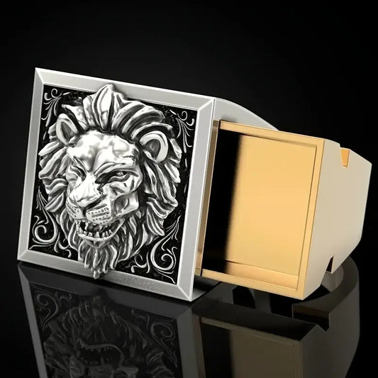 Lion Head Men's Fashion Ring Invisible Box Storage Ring